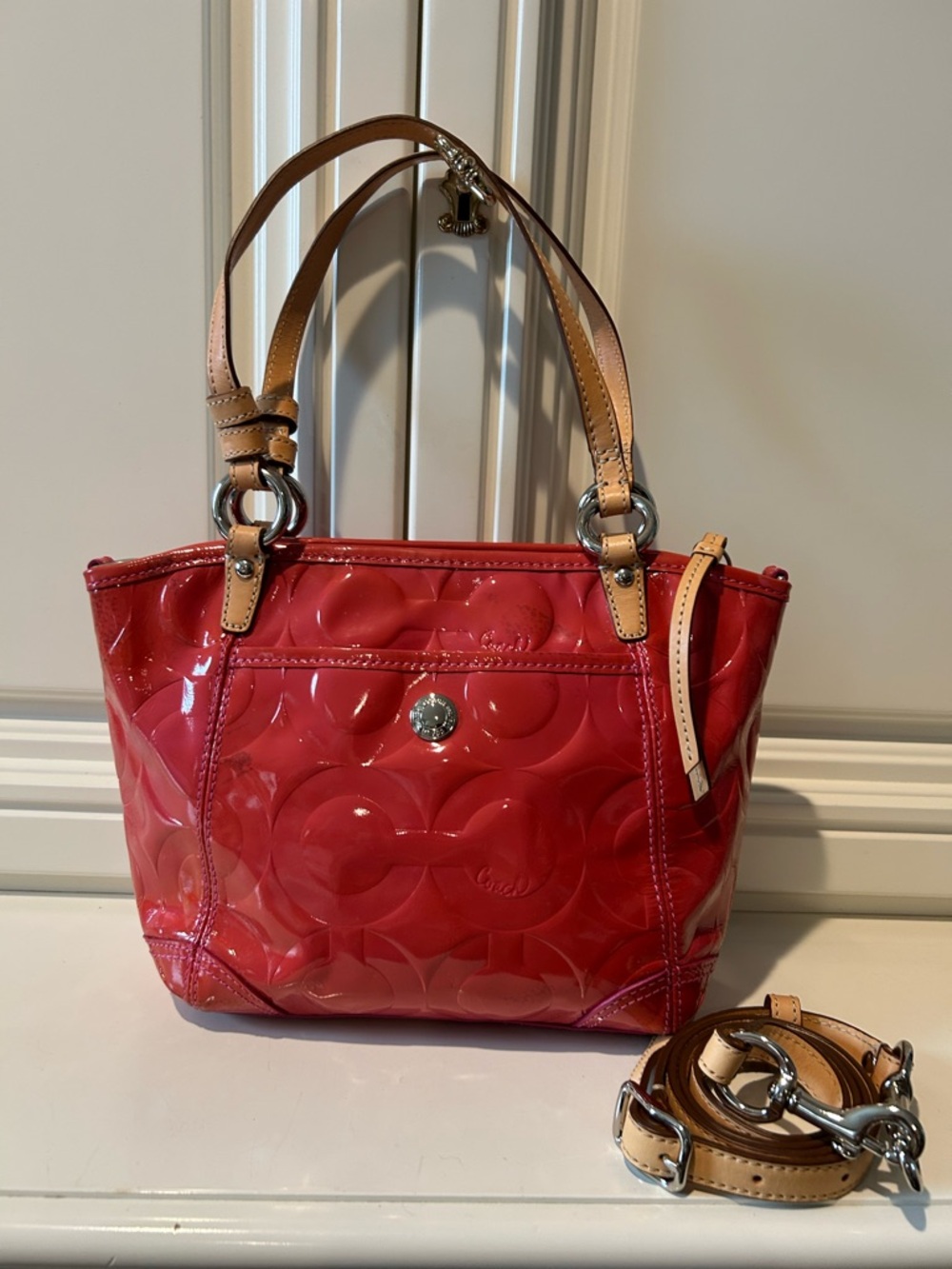 Coach orange Patent Leather Crossbody Tote with Tan Straps - Picture 2 of 5